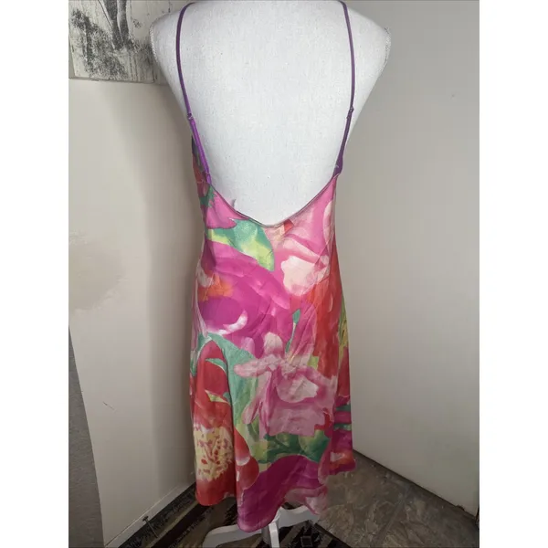 Natori Womens Sz M Botanic Print Satin Midi Slip Dress Chemise Floral Pink - Image 4