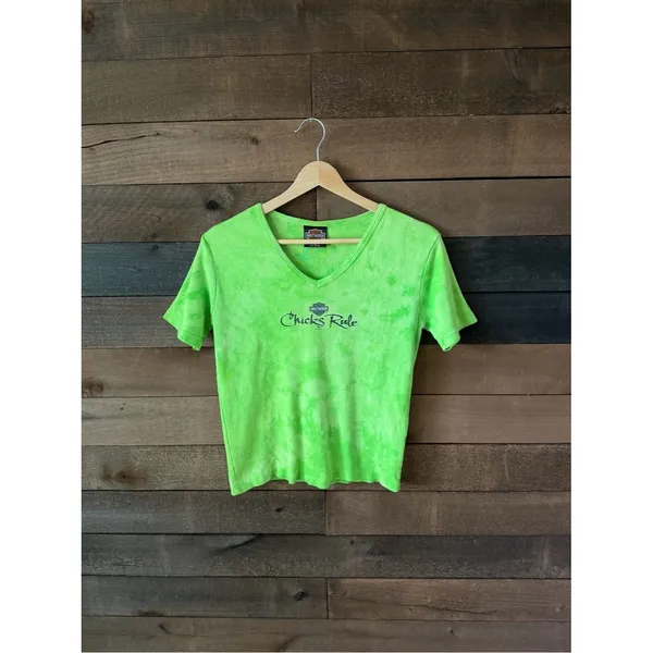 Vintage Harley Davidson Chicks Rule Lime Green Tie Dye Baby Tee - Image 2