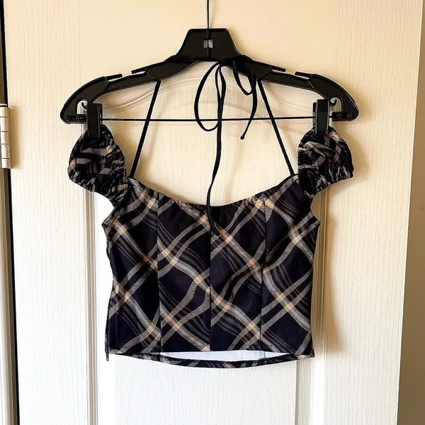 I.AM.GIA Carmel Top Black Check Plaid Halter-Tie Puff Sleeve XS‎ EUC - Image 7