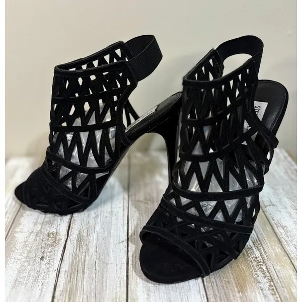 Steve‎ Madden Bratt Cage Sandal Womens 9 Black Excellent Suede Cutout Stiletto - Image 5