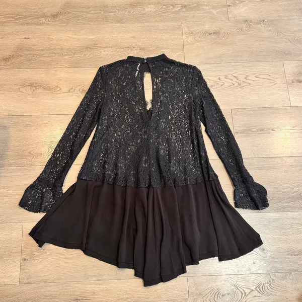 Free People Tell Tale Boho Black Lace High‎ Neck Keyhole Tunic Top Dress Xsmall - Image 2