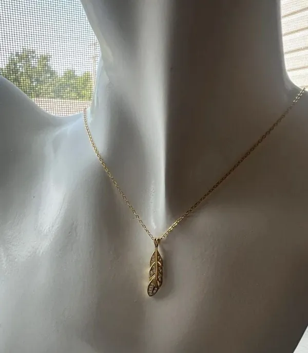 18k gold filled 925 Sterling silver necklace feather pendant link chain - Image 3