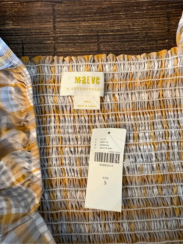 Maeve Anthropologie Plaid Square Neck Blouse Small Mustard NWT Puff Sleeve - Image 12