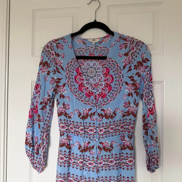 Entro Long Sleeve Blue Pink Floral Bohemian Button Down Maxi Dress Size Small - Image 2