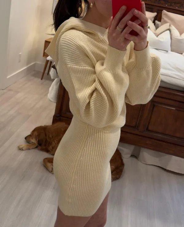 Long Sleeve Sweater Hooded Puff Sleeve Knitted Mini Dress - Image 2