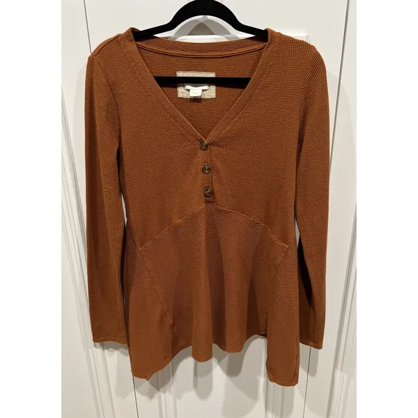 Anthropologie Maeve Eliza Henley Babydoll Tunic Top Brown Waffle Knit‎ Boho - Image 2