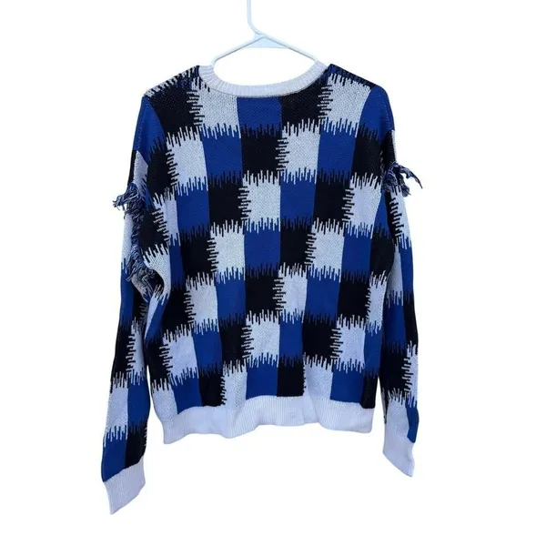 Cato Blue White Checkered Frayed Scoop Neck Sweater Size Large - Image 4