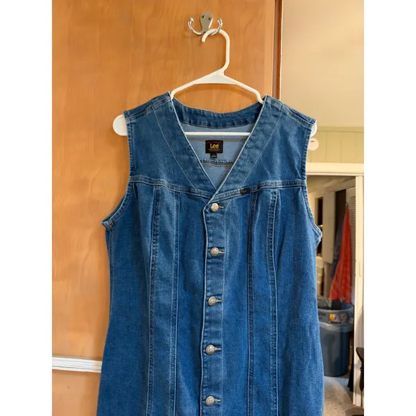Lee Women's Size Large Heritage Sleeveless Rider Denim Dress V-Neck Button Front - Image 5