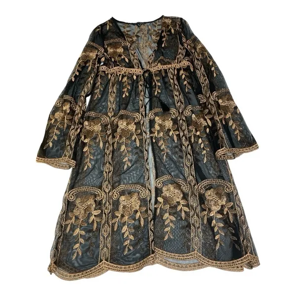 Haute Monde Kimono Duster Robe Jacket Women Size L Bronze Embroidery Boho Retro - Image 6