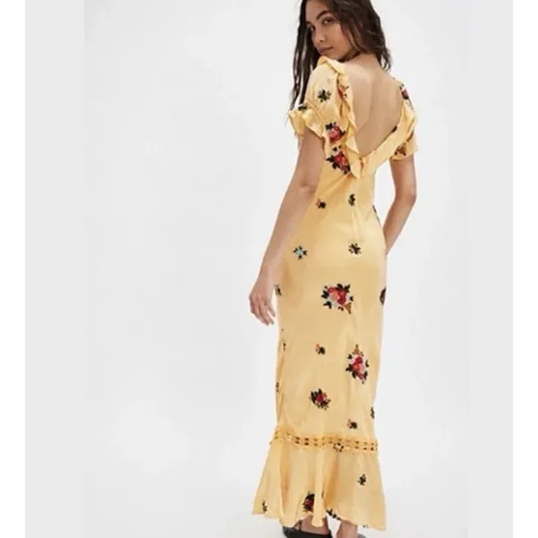 Free People Bali Santa Cruz Ruffle Maxi Dress S Yellow Floral Puff Sleeve Boho - Image 4