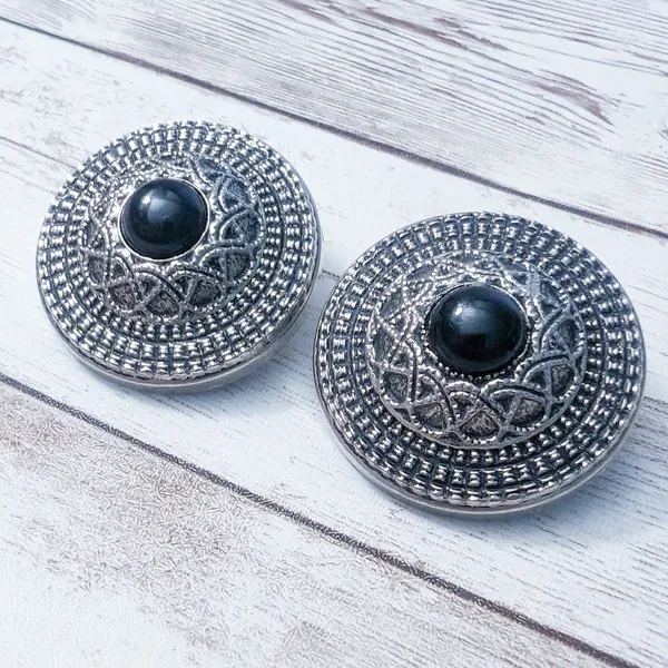 Vintage Clip On Earrings Statement Large Ornate Silver Tone with Black Center - Image 3