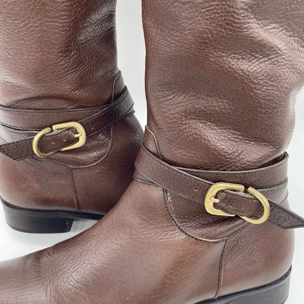 Talbots Womens 7AA Riding Boots Tall Brown Pebbled‎ Leather Gold Buckle Full Zip - Image 11