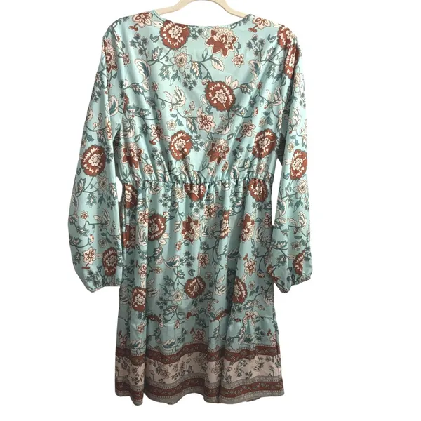 Bohemian Floral Long Sleeve Peasant Dress XL‎ Cottagecore Turquoise Rust Hippie - Image 4