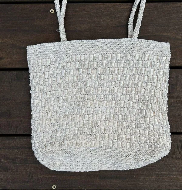 Vintage White Crochet Boho Bag Shoulder Bag Purse Woven Tote Bag - Image 2