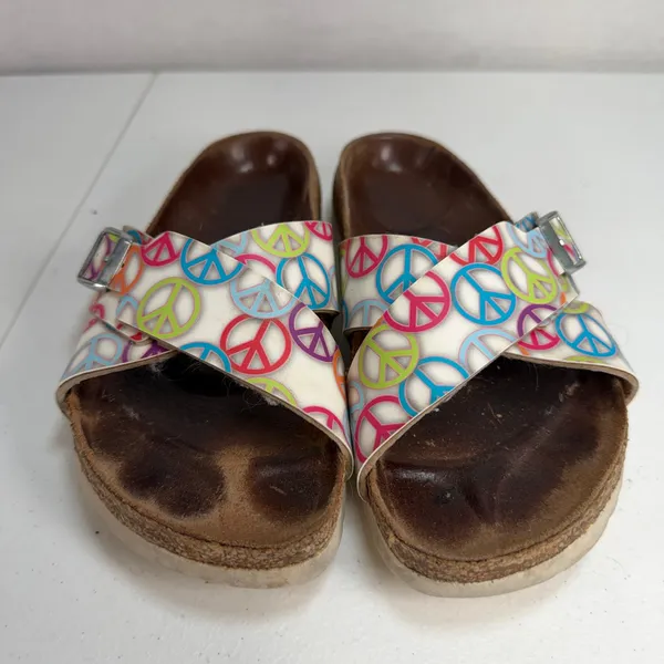 Birkenstock Birki's 36 US 5 Sandals Slide Peace Sign Print Criss Cross Straps - Image 6