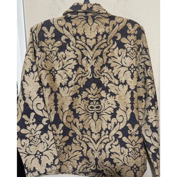 Indigo Moon Blazer Jacket Womens Medium Tapestry full zip Tan Navy Artsy - Image 5