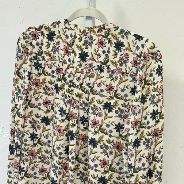 LOFT Petites Floral Split Neck Tie Blouse White Pink Blue Long Sleeve SP - Image 6