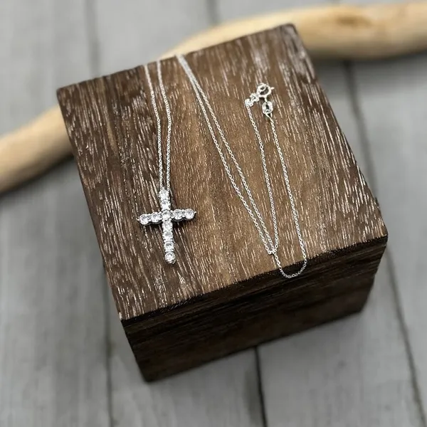 Sterling Silver CZ Cross Necklace Silver - Image 2