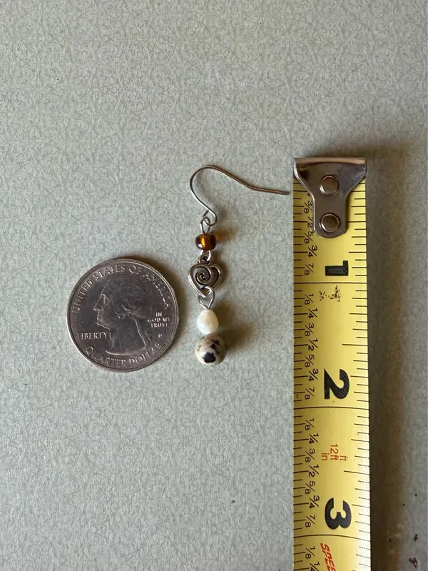 Handmade boho vintage aesthetic fairy style freshwater pearl & Dalmatian jasper stone unique dangle earrings🍃🌀 - Image 8