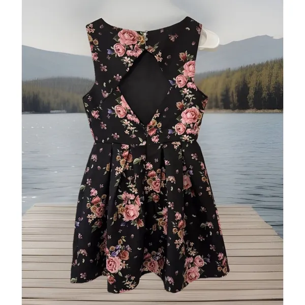 Forever 21 Pink Floral Roses Skater Romantic Sexy Hawaiian CutOut Dress S OLDSTO - Image 4