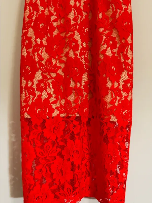 ABS Allen Schwartz Red Floral Lace Halter Dress Sheath Cocktail Wedding Guest 4 - Image 8