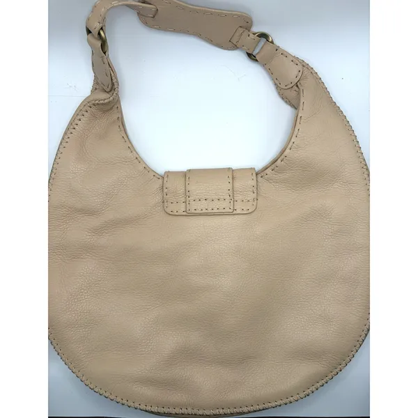 Donald J Pliner Beige Pebbled Leather Whipstitch Hobo Shoulder Bag Brass Ring - Image 3