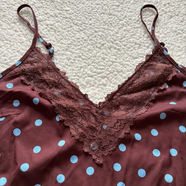 Brown Blue Polka Dot Lace Slip Mini Dress Coquette Grunge Fairy Y2K Whimsigoth - Image 3
