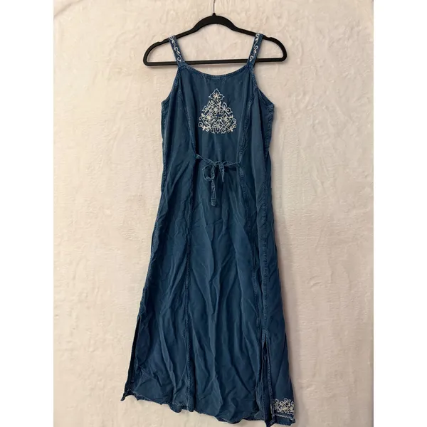 L'Pogee Denim Maxi Dress Womens Sleeveless Embroidered Boho Chambray Blue Long - Image 6