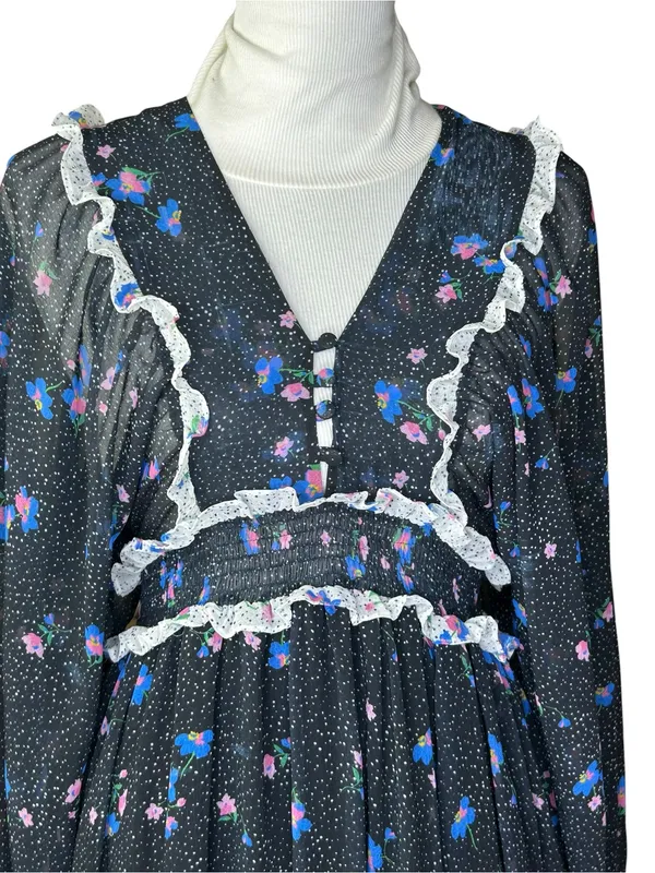 New Anthropologie Alders’ ruffle tiered dress size 0 polka dot chiffon maxi navy - Image 2