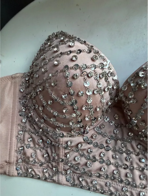 Pink Longline Bra with Silver Sequin Embellishments - Image 4