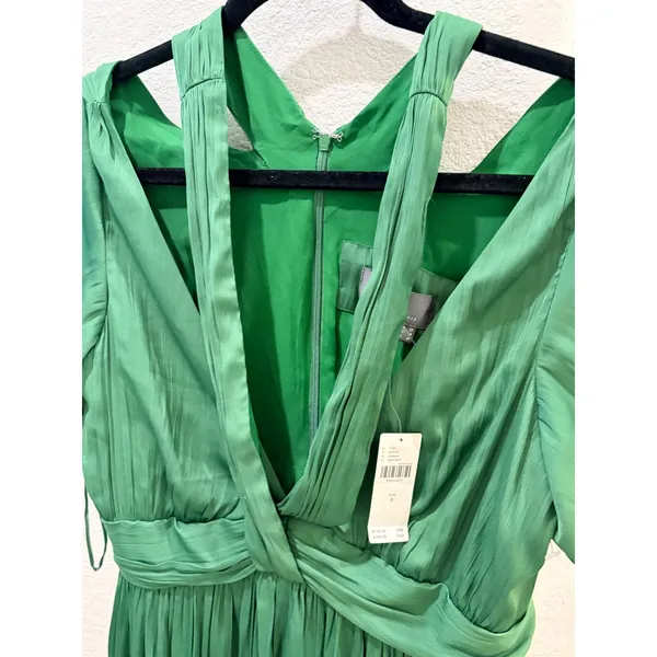 Anthropologie Green Pleated Mini Dress Cold Shoulder V-Neck Size 8 NWT - Image 4