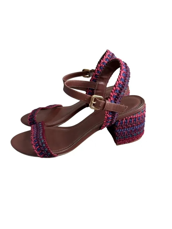 AREZZO Brown Leather Multicolor Woven Sandals Heels Size 8 - Image 6