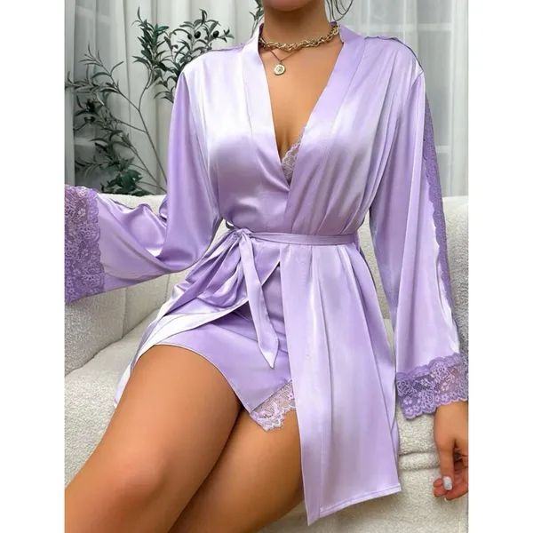 Lace details, satin sexy lounge set - M - Image 5