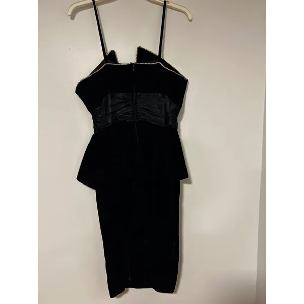 Vintage Night Way Black Velvet Peplum Dress Rhinestone Bow Halter 80s Glam 12 - Image 11