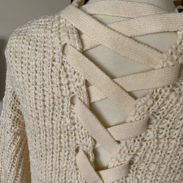 Poof! Slub Long Open Front Criss Cross Sweater Size Medium Cream‎ - Image 4