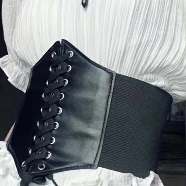 Plus‎ Size Black Vintage Style Lace Up Faux Leather Elastic Back Closure - Image 5