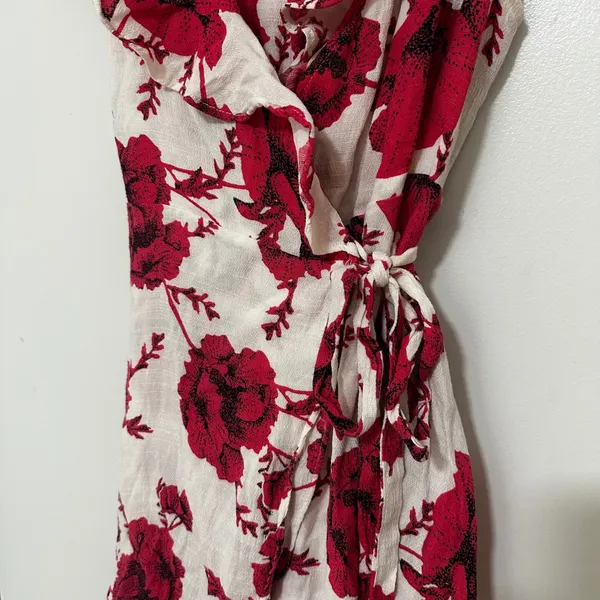Free People | Women's Red Pink White Floral Ruffle Wrap Mini Dress, Size XS - Image 5