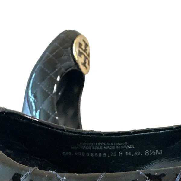 Tory Burch Quinn Quilted Patent Wedge Pumps‎ Black Gold Logo Size 8.5 - Image 8