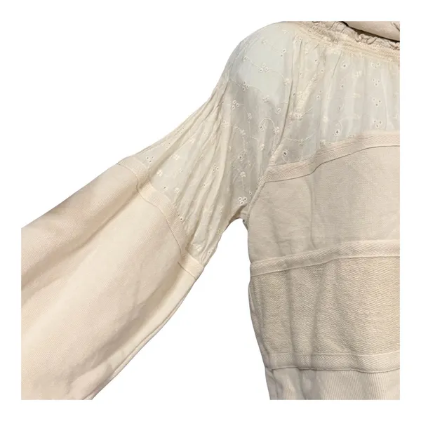 Free People Cream Mixed Media Eyelet Lace Cropped Hoodie‎ Sweatshirt Small - Image 3
