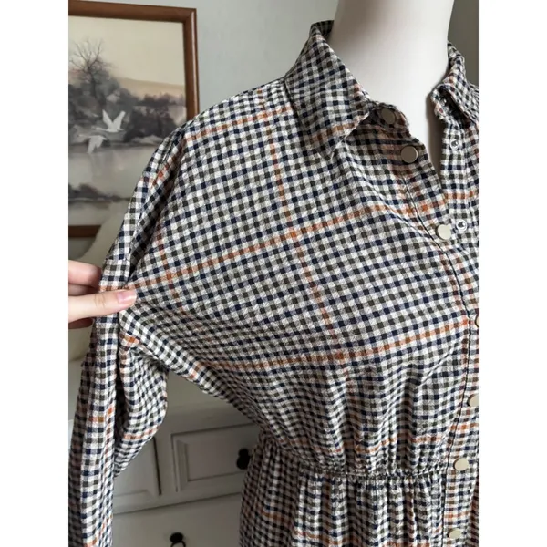 Plaid Mini Shirt Dress Gingham Ruffle Hem Button Down Long Sleeve Tiered Casual - Image 2