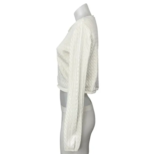 Edikted White Ivory Cable Knit Long Sleeve Crop Button Up Cardigan Sweater Top S - Image 3