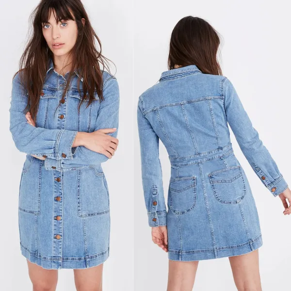 Madewell | Cotton Denim Structured Mini Shirt Dress in Medium Wash Blue‎ Size 8 - Image 2
