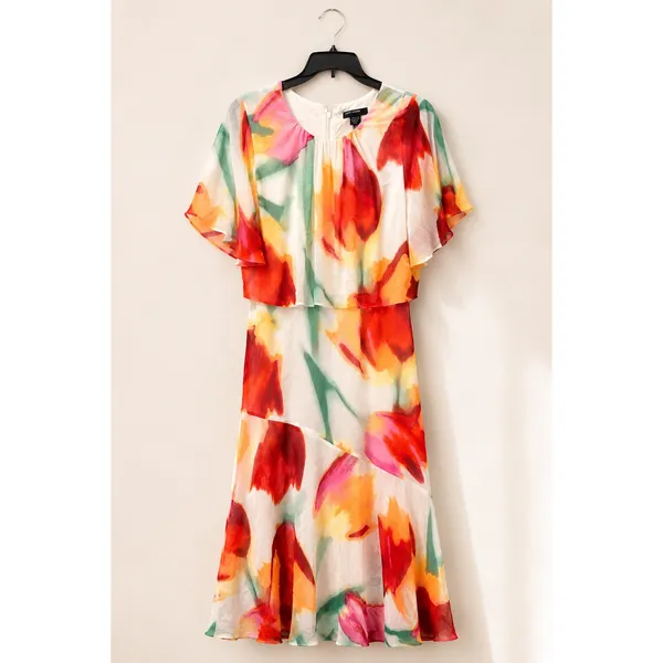 Maggy London Women Dress 10 Cream Coral Polyester Floral Popover Midi Flutter - Image 2