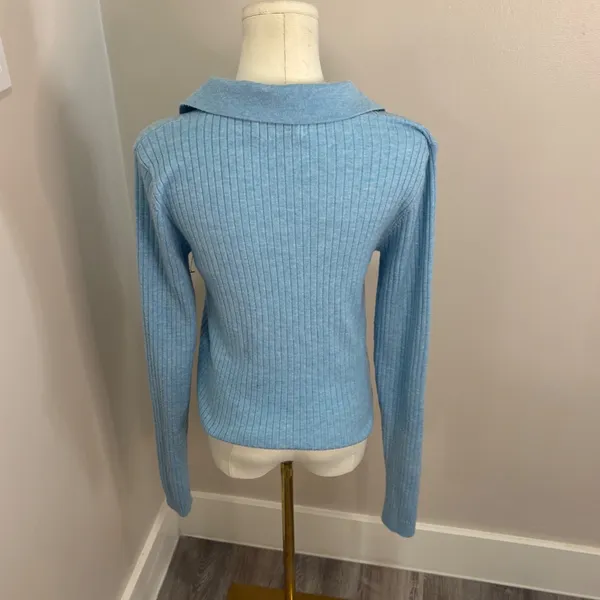 Hello Molly Light Blue Ribbed Knit Zip Up Cardigan Sweater XL US 10 Collar - Image 9