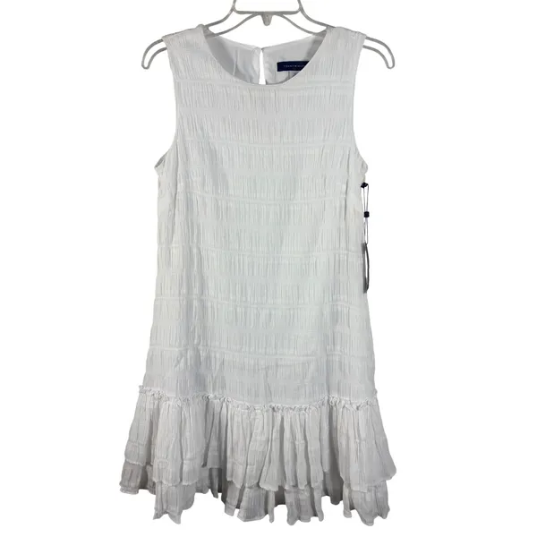 Tommy Hilfiger Shift Dress Womens 4‎ White New Smocked Ruffle Hem Sleeveless - Image 2