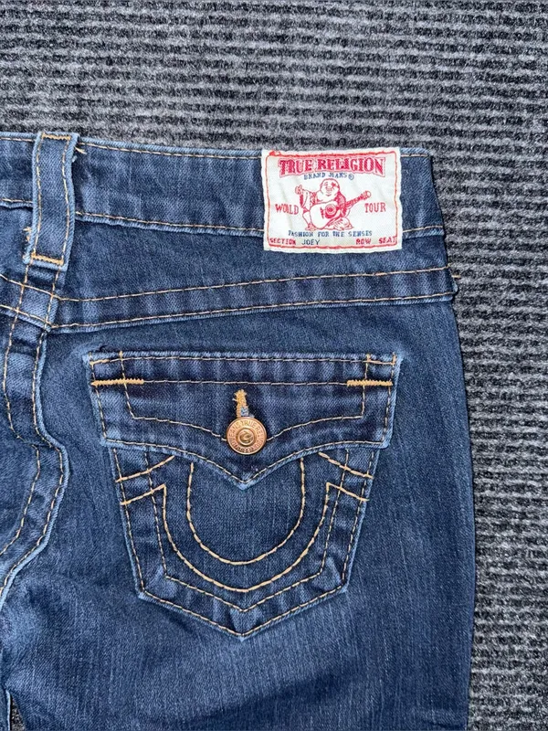 RARE Vintage True Religion Low Rise Twisted Flare Jeans Sz 26 x 33 Dark Wash Y2K - Image 7