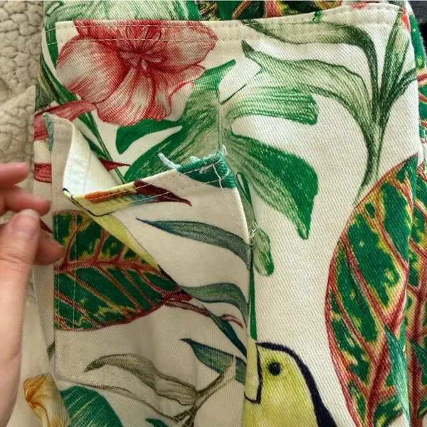 Zara Floral Tropical Print Wide-Leg Jeans - White with Green, Pink, Yellow - Image 4