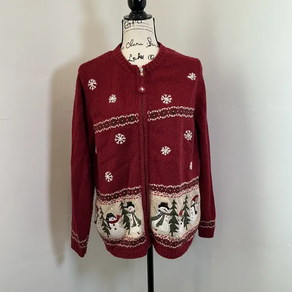 Croft & Barrow Snowman Holiday Zip Up Cardigan Red Festive Snowflake XL Vintage - Image 2