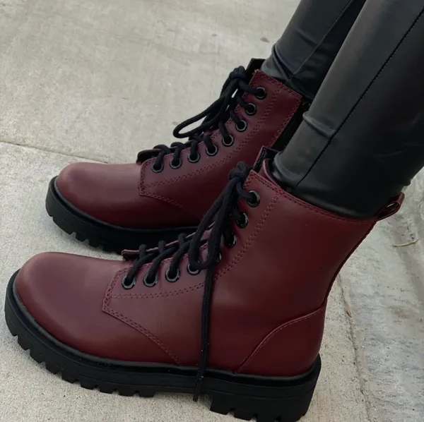 Burgundy/wine Lace Up Combat Boots - Image 3