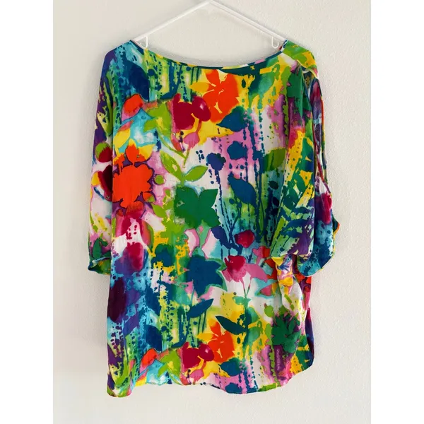 Vintage Jams‎ World Top Womens Medium Hawaiian Tropical Art Cold Shoulder Cotton - Image 2
